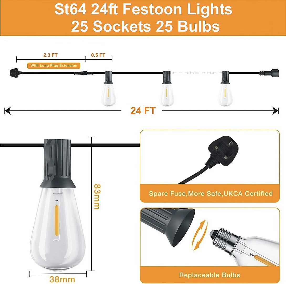 14 Meter LED Trädgårdsbelysning Festoon S14 – Vattentät Edison Ljusslinga – 15 Varmvita LED-lampor – IP65 – E27 – Utomhusfestbelysning
